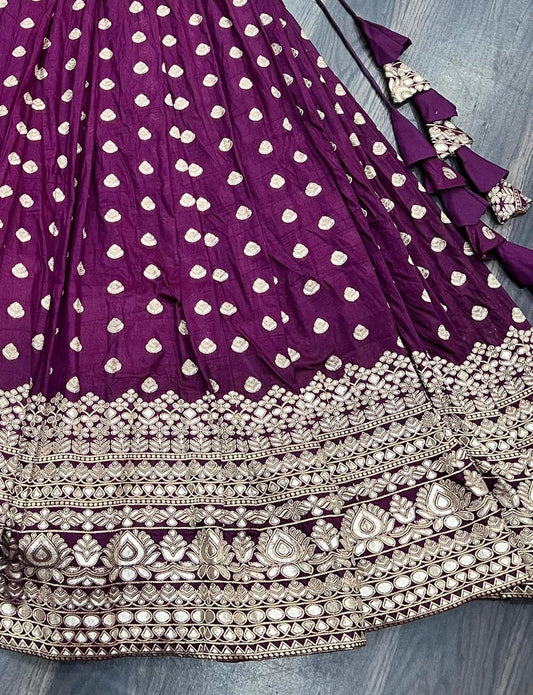 Viscose Reception Wear Jacquard with Embroidered Work Wine Lehenga Choli Chanderi Lehenga Choli