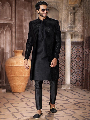 Black Sequins Embroidered Dupion Silk Jacket Style Men's Sherwani