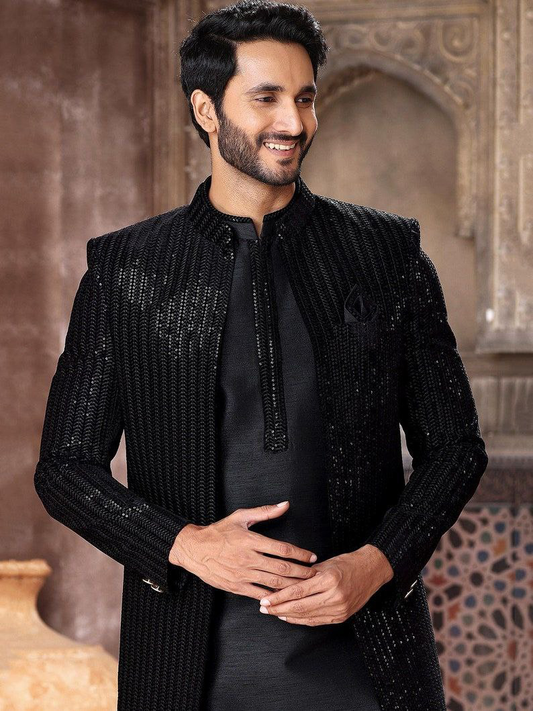 Black Sequins Embroidered Dupion Silk Jacket Style Men's Sherwani