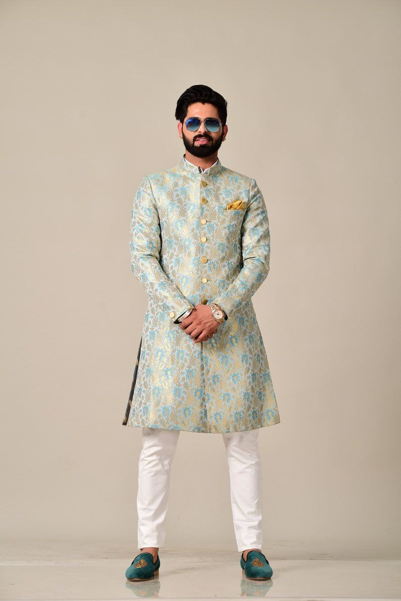 Self Design Mandarin Collar Raw Silk Sherwani Set