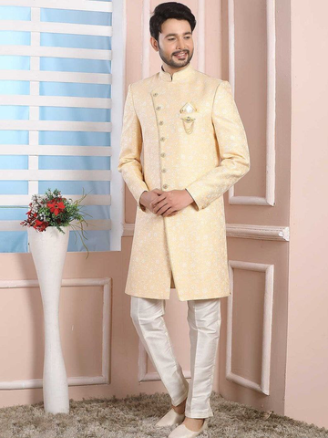 Woven Art Silk Jacquard Sherwani in Peach