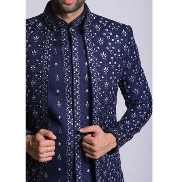 Royal Blue Cotton Silk Embroidered Indowestern Set