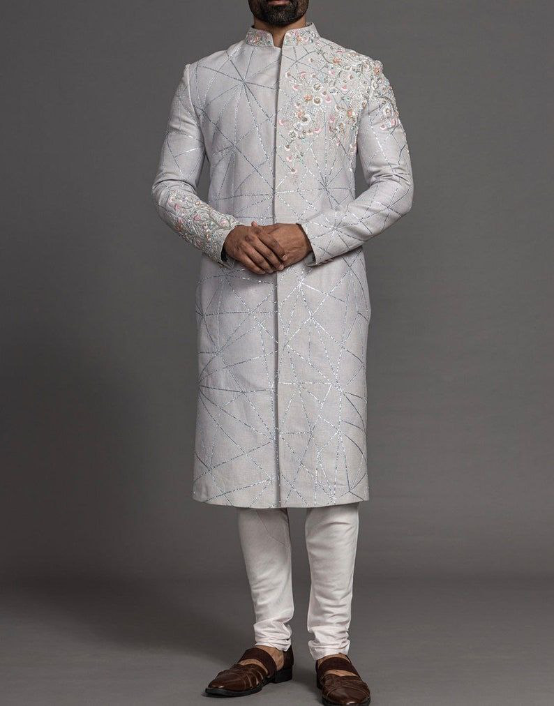 Silver Grey Embroidered Sherwani Set In Raw Silk with Dupatta and Mala
