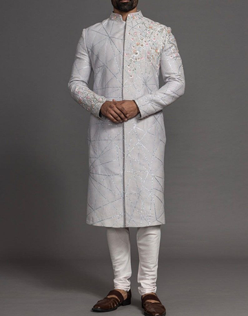 Silver Grey Embroidered Sherwani Set In Raw Silk with Dupatta and Mala
