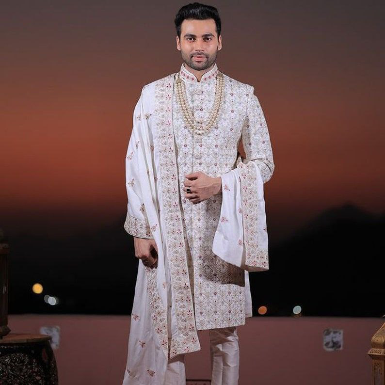 White Sherwani for Men, Chikankari Sherwani, Embroidered Sherwani, wedding sherwani men, Partywear sherwani, Jodhpuri Achkan, Made to Order