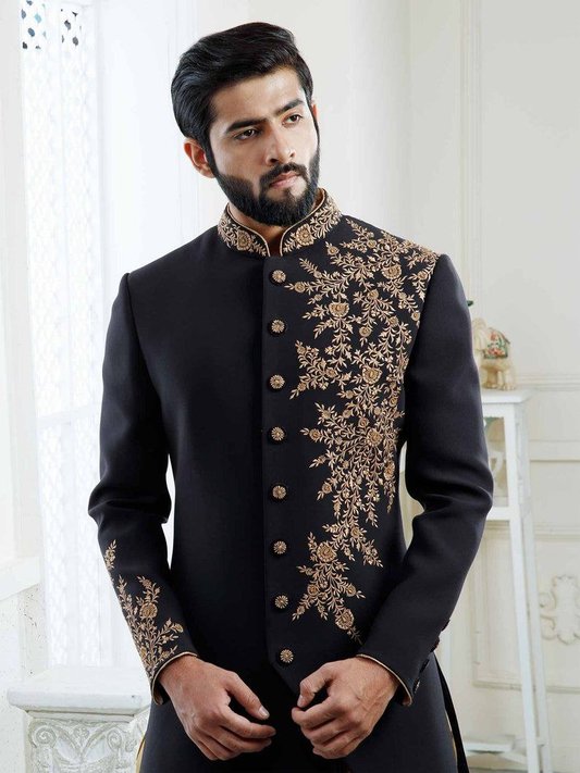 Black Terry Rayon Silk Asymmetric Sherwani Set