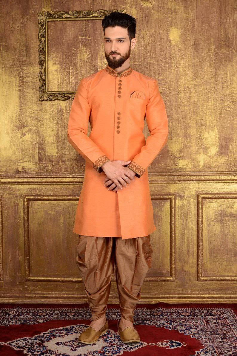 Men's Navy Blue and Rose Gold Silk Blend Sherwani and Dhoti (Set of 2)