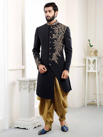 Black Terry Rayon Silk Asymmetric Sherwani Set