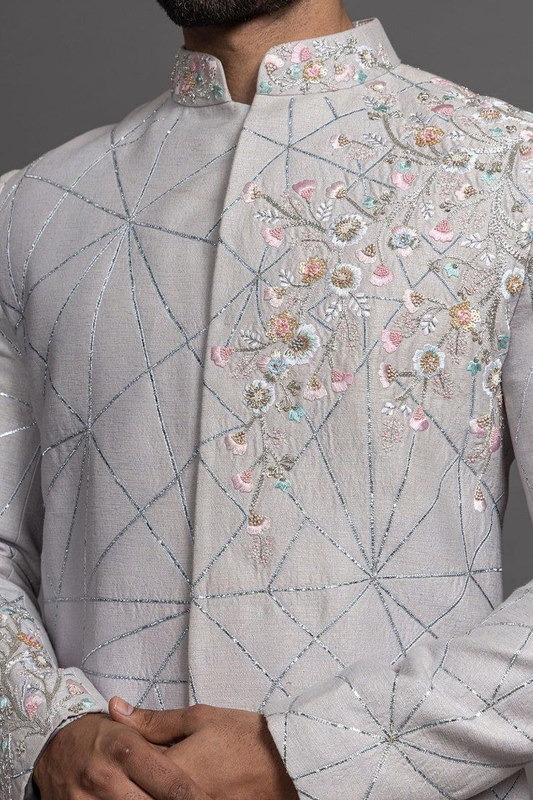 Silver Grey Embroidered Sherwani Set In Raw Silk with Dupatta and Mala