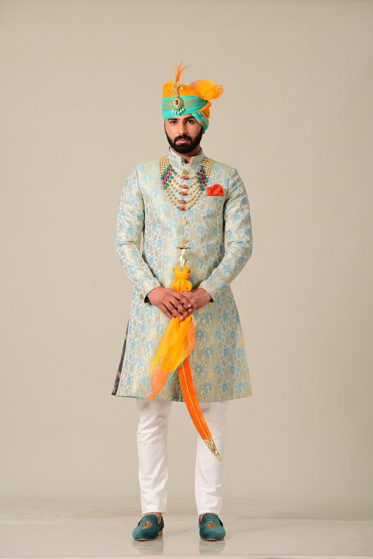 Self Design Mandarin Collar Raw Silk Sherwani Set