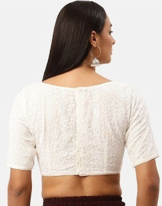 White Georgette chikankri Saree Blouse