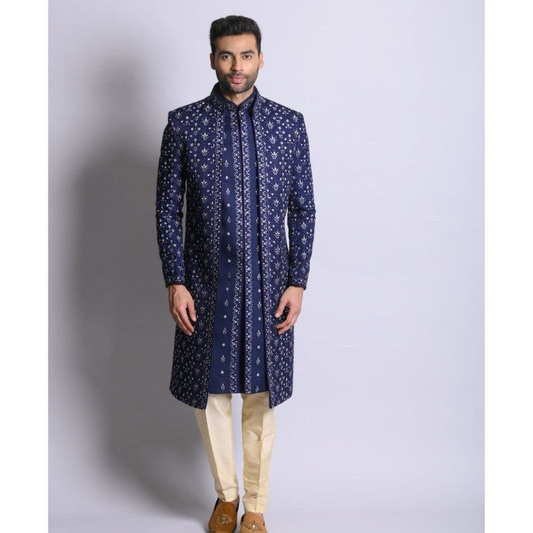 Royal Blue Cotton Silk Embroidered Indowestern Set