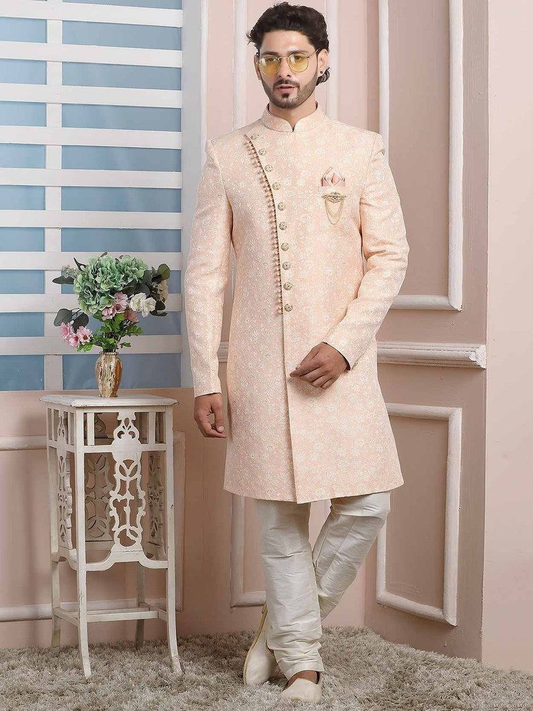 Woven Art Silk Jacquard Sherwani in Peach