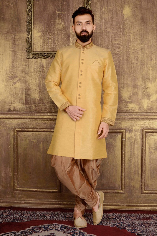 Men's Navy Blue and Rose Gold Silk Blend Sherwani and Dhoti (Set of 2)