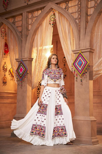 White color fully stitched navratri lehenga choli