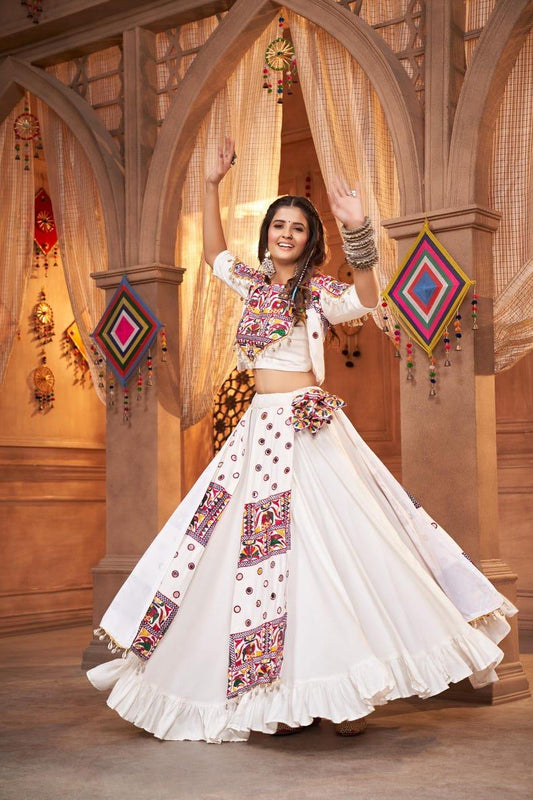 White color fully stitched navratri lehenga choli