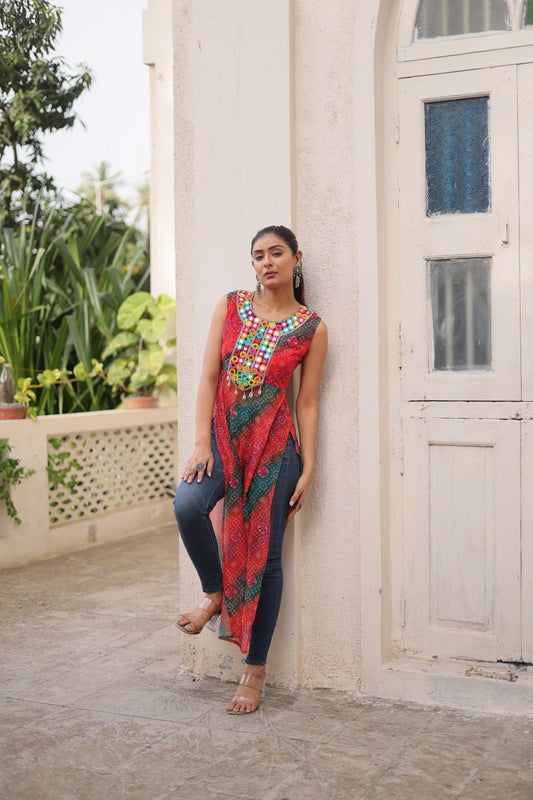 Bandhej Printed Georgette With Kutchi Gamthi Mirror & Codi lace work Red kurti