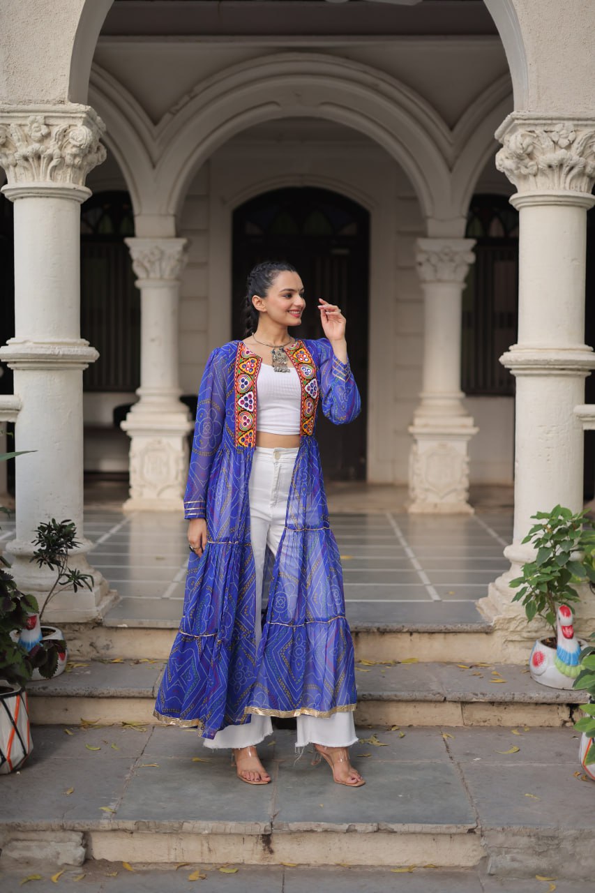 Bandhani Print work with kutchi patchwork in Faux Georgette Kurti