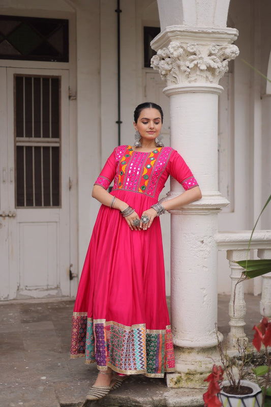 Roman With multicolor Thread with mirror work & Maslin Crochet Print Work