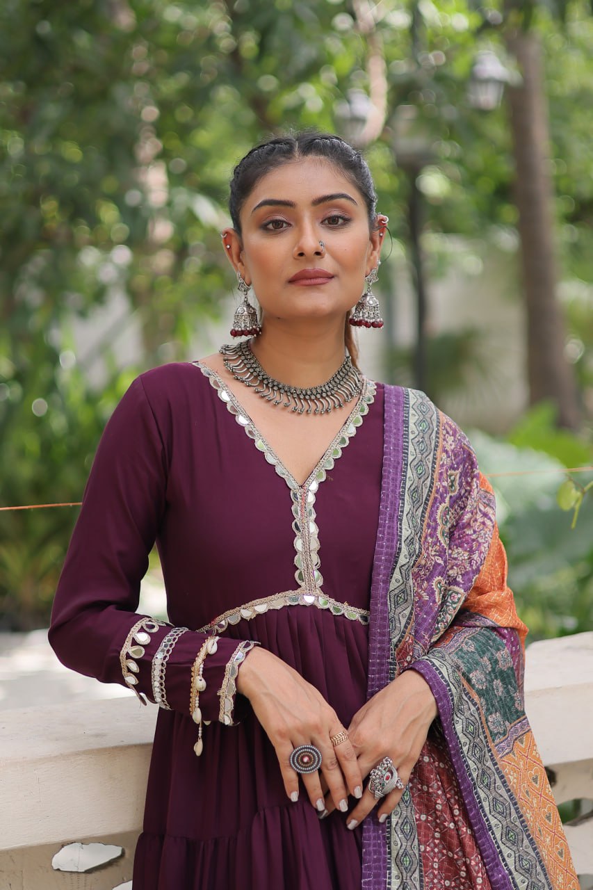 Roman Fabrics With Frill Stitching and mirror lace work