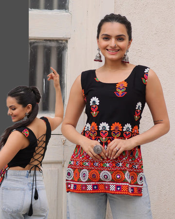 Georgette  with  Kutchi Gamthi Work Black kurti