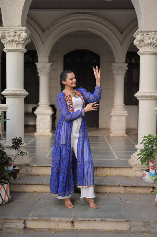 Bandhani Print work with kutchi patchwork in Faux Georgette Kurti