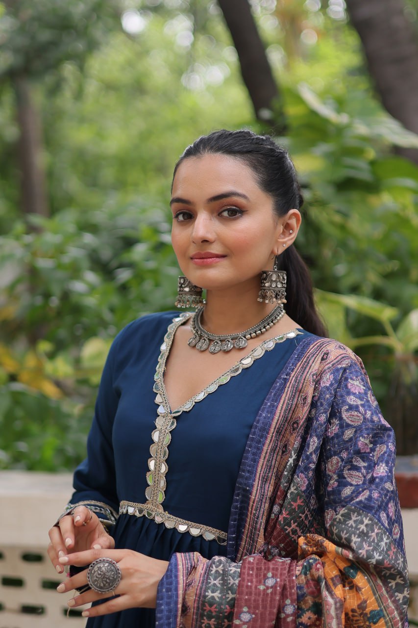 Roman Fabrics With Frill Stitching and mirror lace work