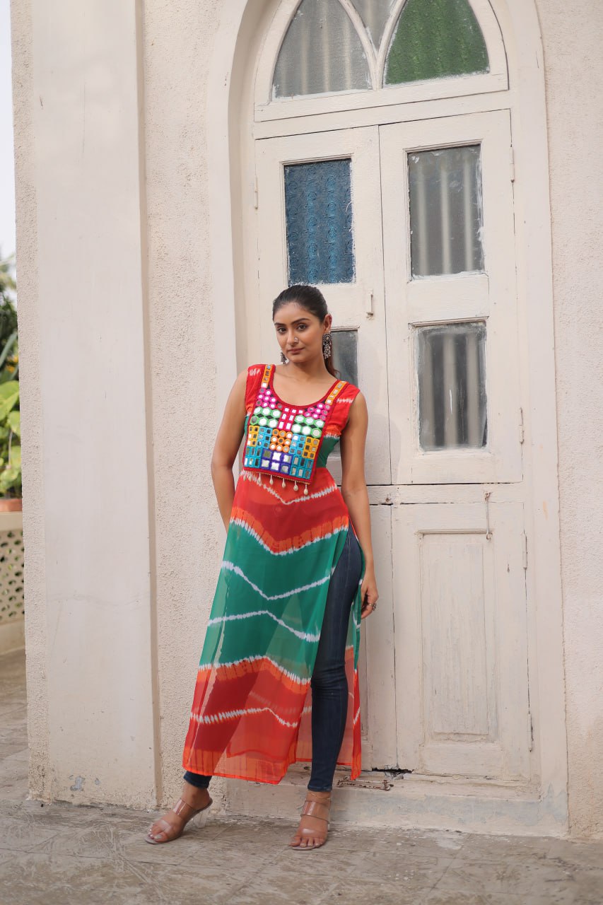 Bandhej Printed Georgette With Kutchi Gamthi Mirror & Codi lace work Green kurti