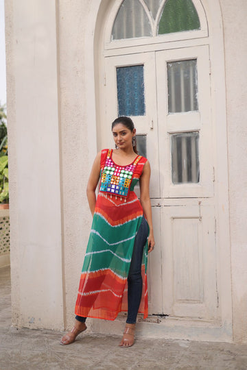 Bandhej Printed Georgette With Kutchi Gamthi Mirror & Codi lace work Green kurti