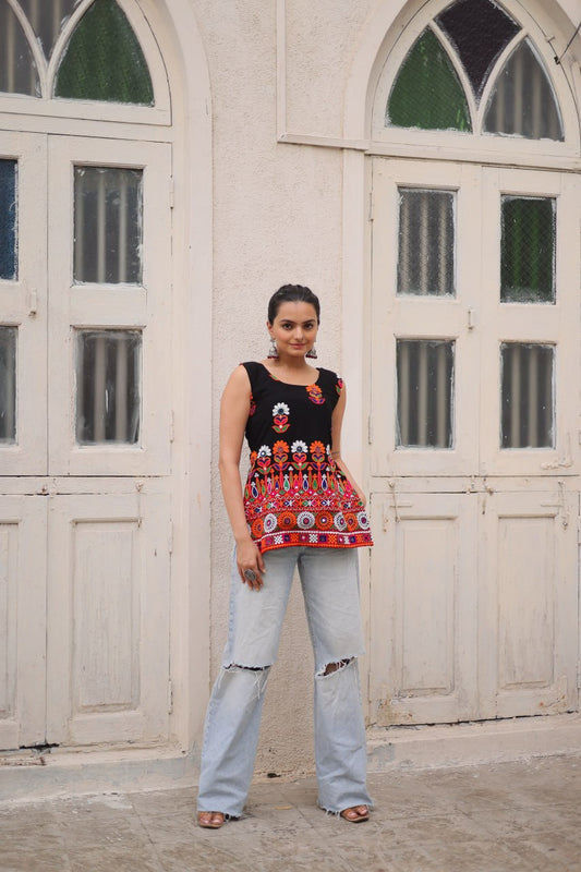 Georgette  with  Kutchi Gamthi Work Black kurti