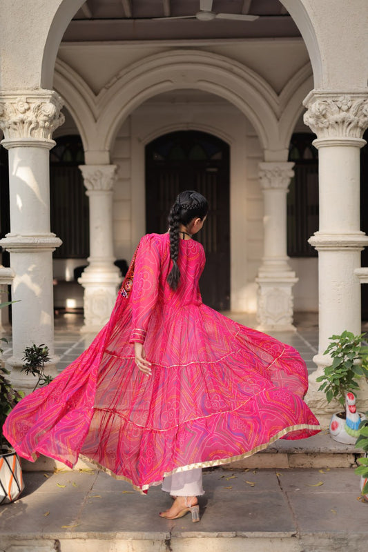 Bandhani Print work with kutchi patchwork in Faux Georgette Kurti