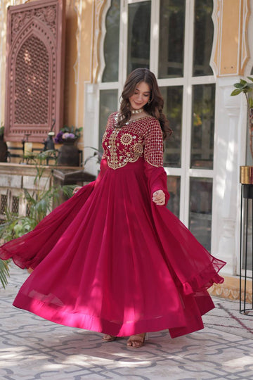 Faux Blooming Georgette With Attractive embroidered Work Red Gown