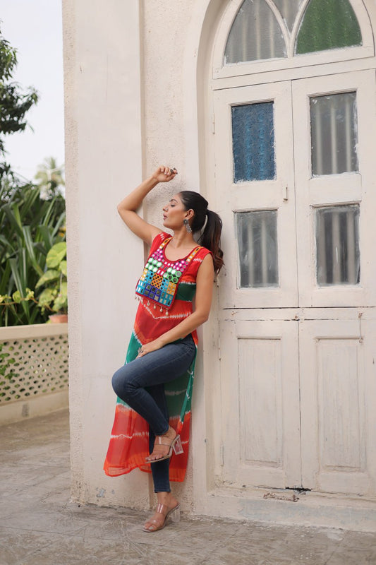 Bandhej Printed Georgette With Kutchi Gamthi Mirror & Codi lace work Green kurti