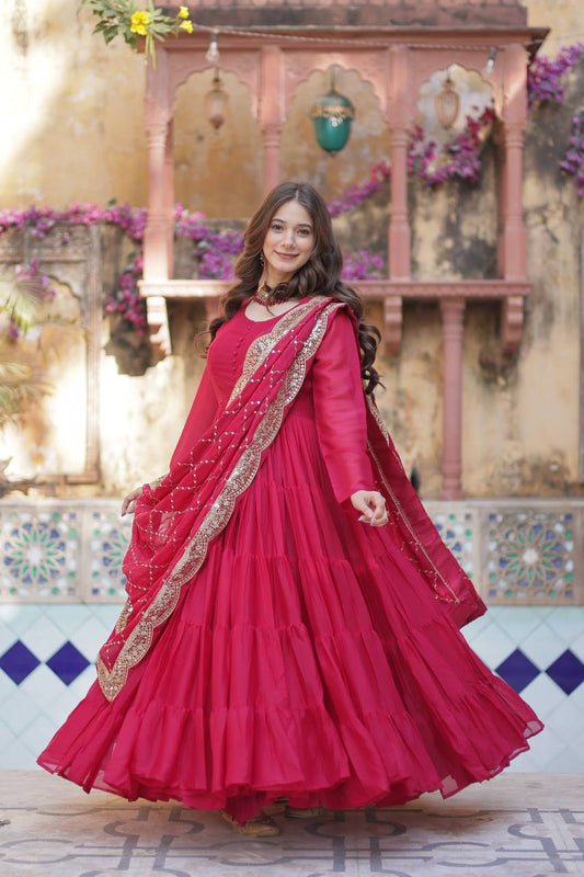 Desirable Women's Fully Flair Gown Made With Star Georgette Fabrics and Designer Embroidered Dupatta