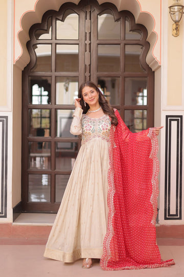 Cosmos weaving Jacquard with Pearl Beads Embroidered work with Red Dupatta
