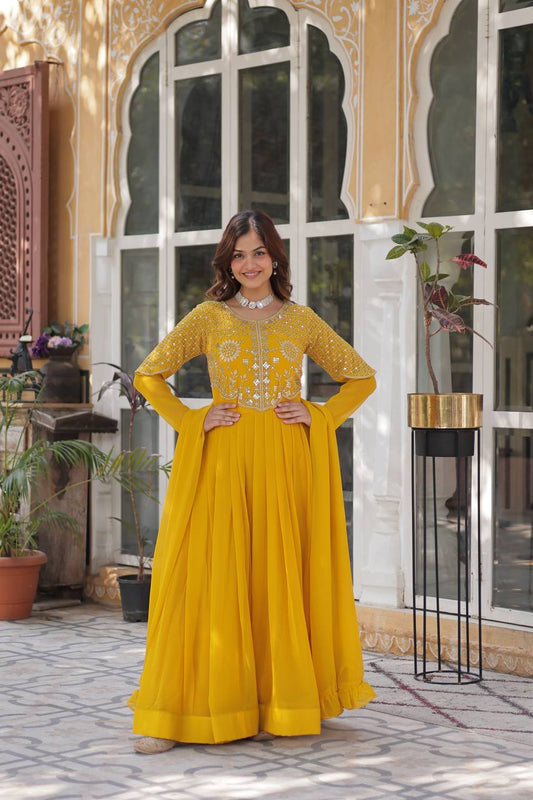 Faux Blooming Georgette With Attractive embroidered Work Yellow Gown