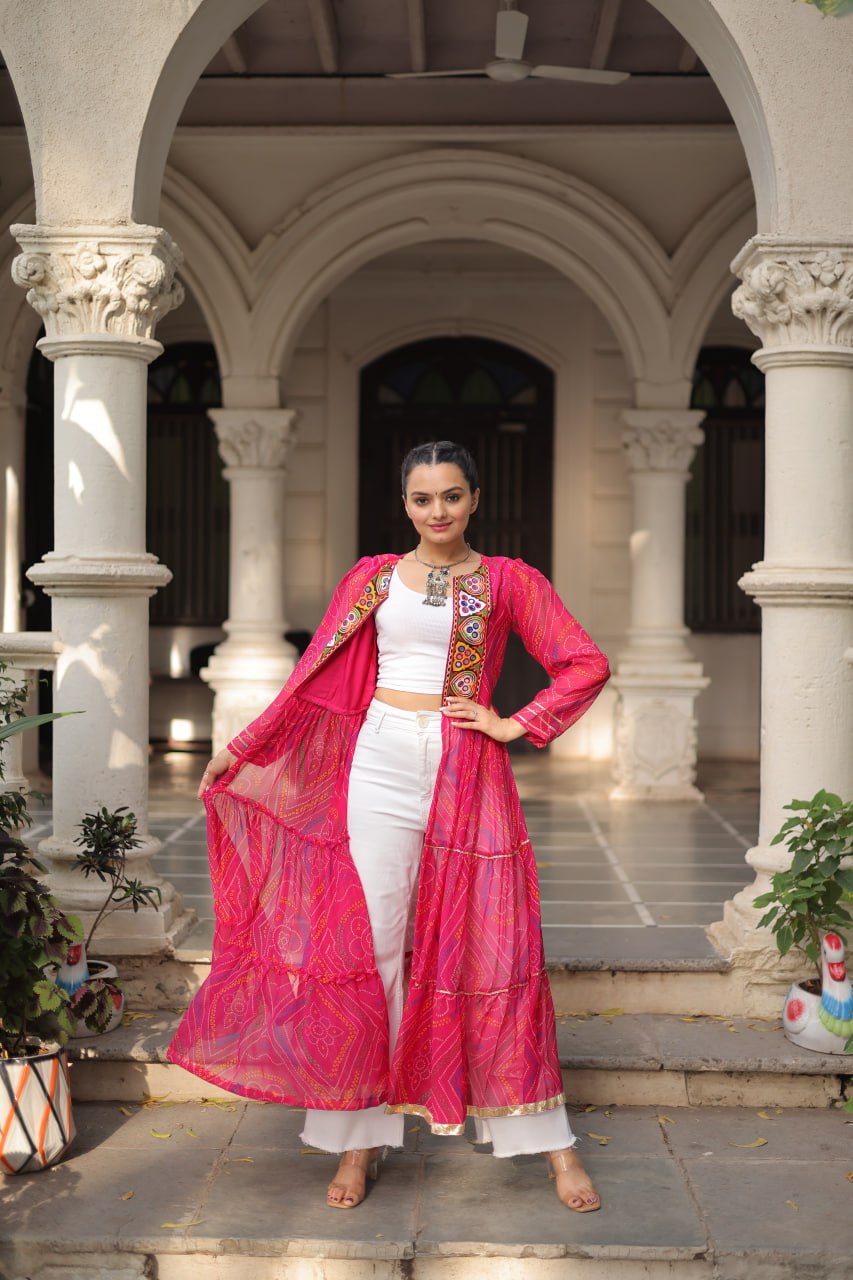 Bandhani Print work with kutchi patchwork in Faux Georgette Kurti