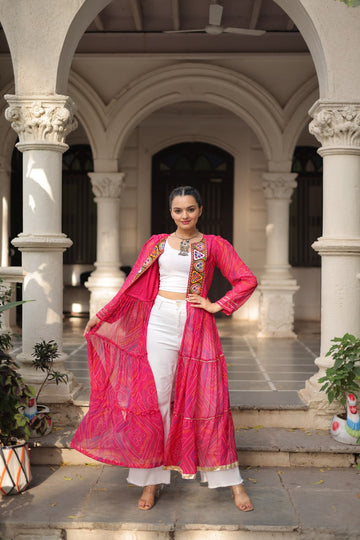 Bandhani Print work with kutchi patchwork in Faux Georgette Kurti