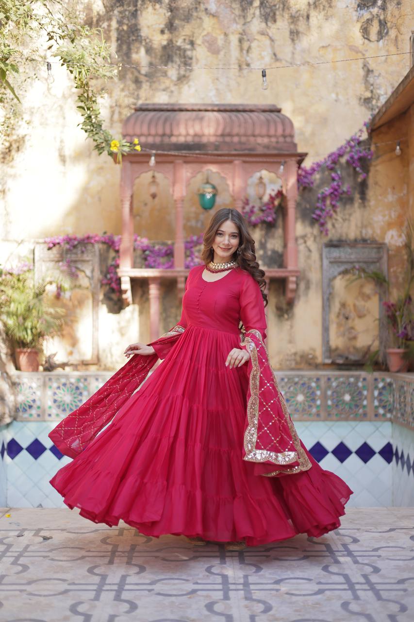 Desirable Women's Fully Flair Gown Made With Star Georgette Fabrics and Designer Embroidered Dupatta