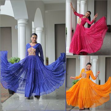 Bandhani Print work with kutchi patch work in Faux Georgette