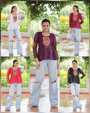 Georgette Schiffli work with  Kutchi Gamthi Patch Work