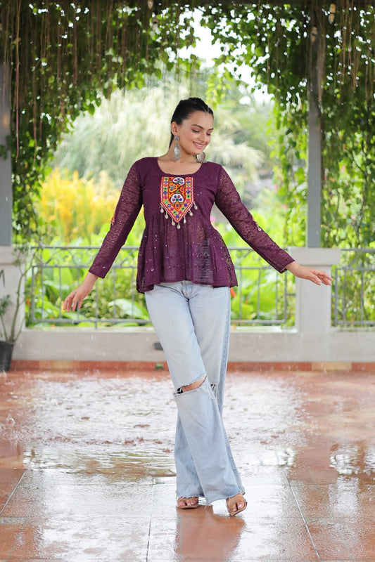 Georgette Schiffli work with  Kutchi Gamthi Patch Work