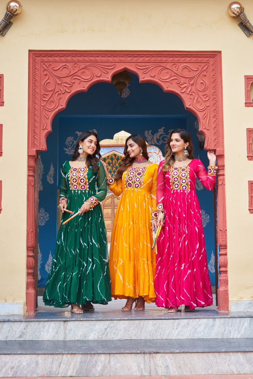 Laheriya Print with kutchi patchework in Faux Georgette