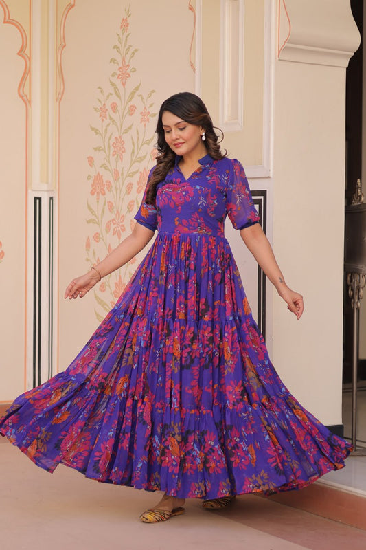 Desirable Women's Fully Flair Gown Made With Faux Georgette Fabrics With Print