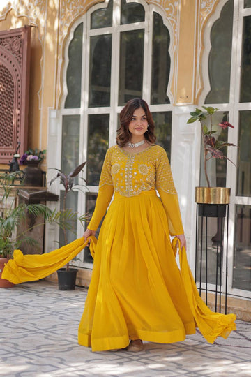 Faux Blooming Georgette With Attractive embroidered Work Yellow Gown