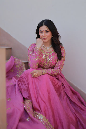 Gold-Crush Fabric with Sequins & Multi Embroidered work gown with dupatta