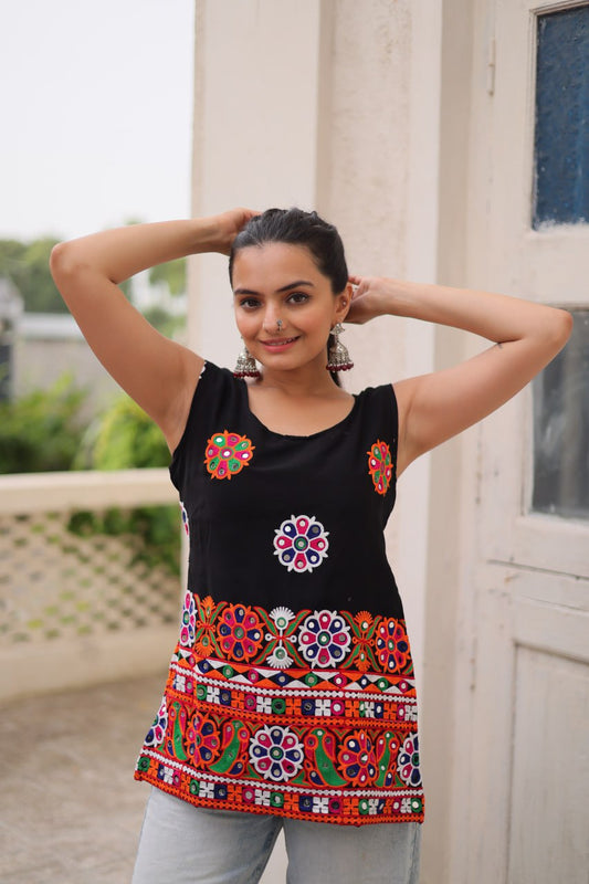Georgette  with  Kutchi Gamthi Work Black kurti