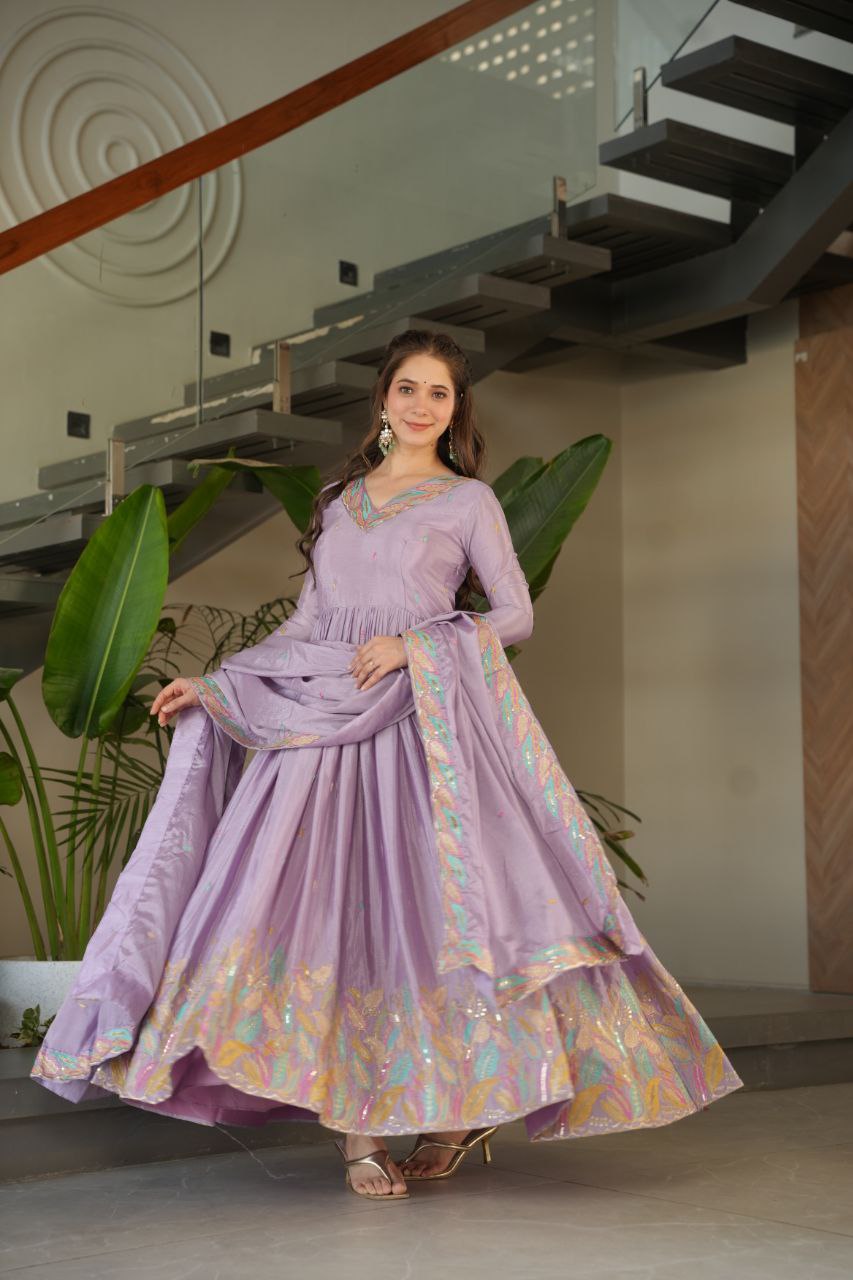 Chinnon Fabric gown with Sequins & Multi Thread  Embroidered Work