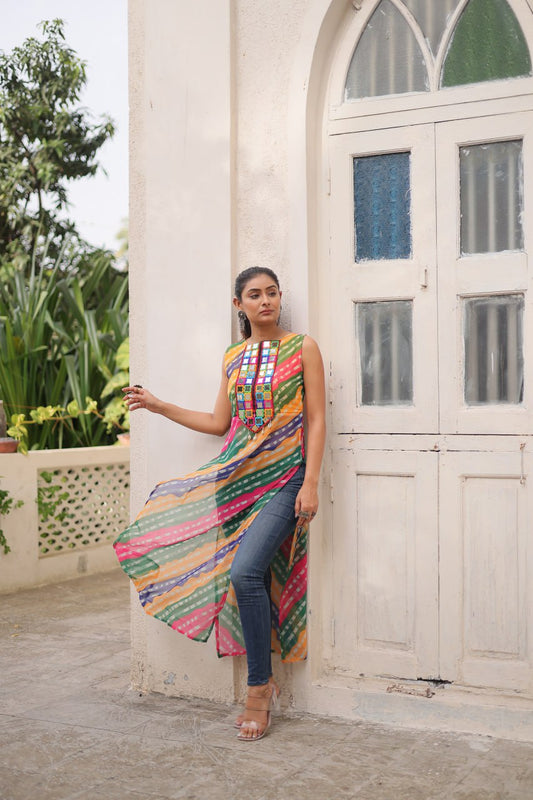 Bandhej Printed Georgette With Kutchi Gamthi Mirror & Codi lace work Yellow kurti