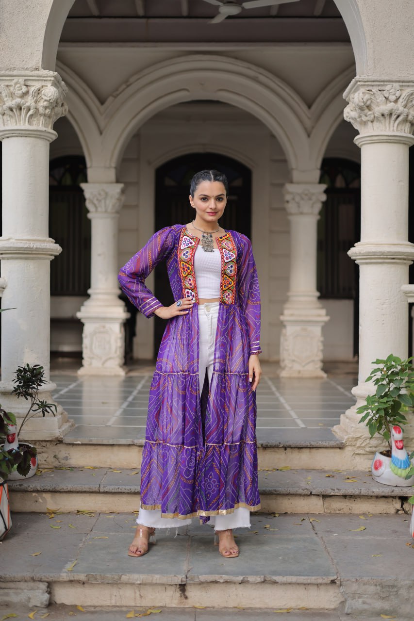 Bandhani Print work with kutchi patchwork in Faux Georgette kurti